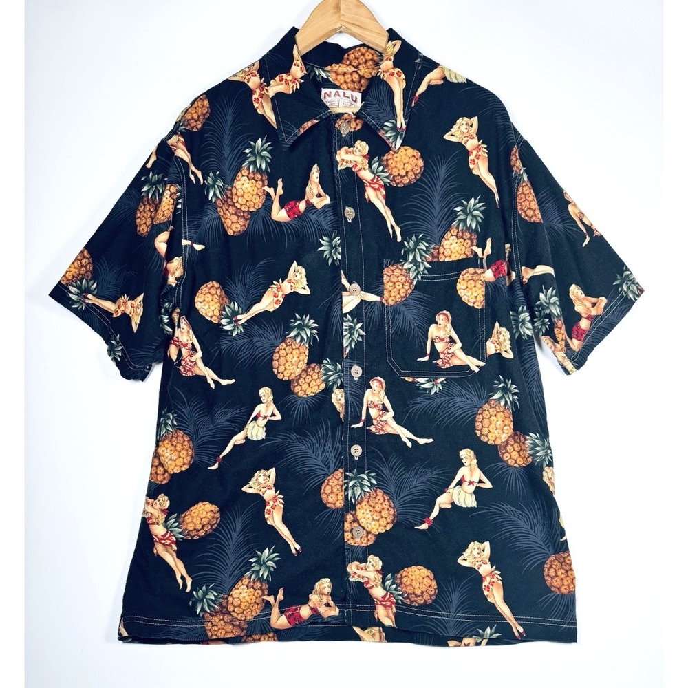 Nalu Hawaiian Shirt Mens XL Black Pinup Girl Pineapple Aloha Made in USA Vintage